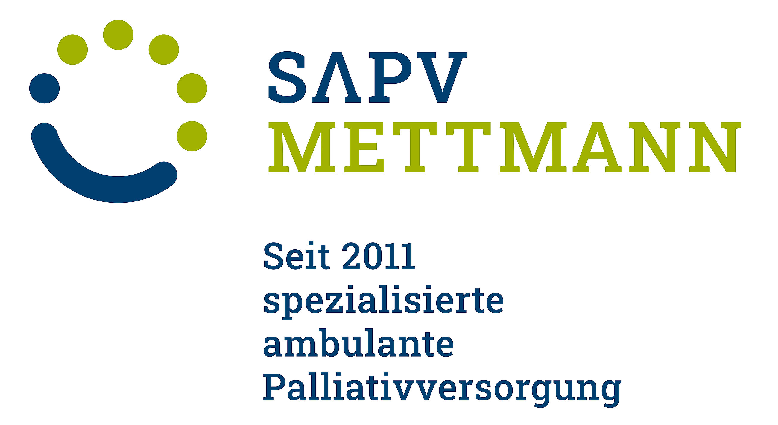 Logo mit einem halbkreisförmigen Bogen und sieben Punkten sowie dem Text 'SAPV METTMANN Seit 2011 spezialisierte ambulante Palliativversorgung'