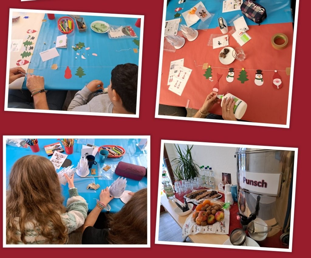 Collage aus fünf Fotos: Kinder basteln an Tischen mit bunten Bastelmaterialien; ein Tisch mit Punschspender und Gebäck; Text 'Winterzeit ist Bastelzeit' mit Weihnachts-Emojis auf rotem Hintergrund.