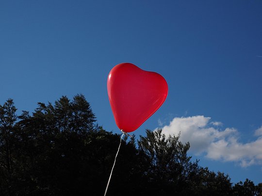 Roter herzförmiger Luftballon vor blauem Himmel mit Wolken über dunklen Baumkronen