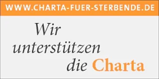 Orangefarbener Balken mit der weißen Webadresse 'WWW.CHARTA-FUER-STERBENDE.DE' und darunter der Text 'Wir unterstützen die Charta' in kursiver Schrift, das Wort 'Charta' orange hervorgehoben.